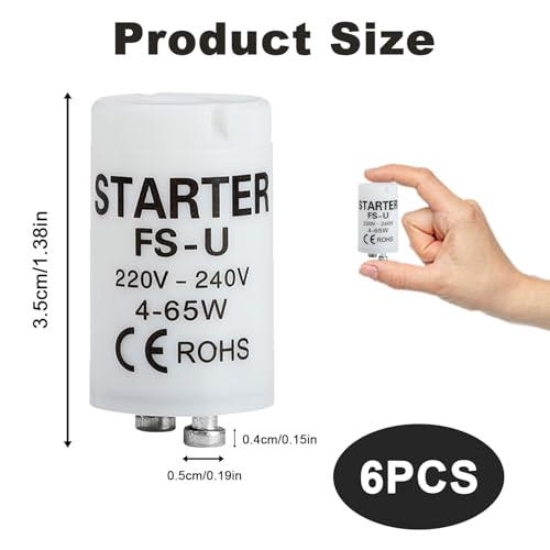 6 Stück Starter, Leuchtstoffröhren-Starter FS-U, 4-65 W, 220-240 V, Zuverlässige Zündstarter für Einzelschaltkreise von Leuchtstofflampen, Sicher Effizient für UV Streifenlampenhalter[Energieklasse G]