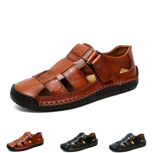 Sandalias huecas de cuero elegantes para hombre, sandalias de vestir de cuero con puntera cerrada, antideslizantes, para senderismo, verano, antideslizantes, sandalias de playa con correa ajustable