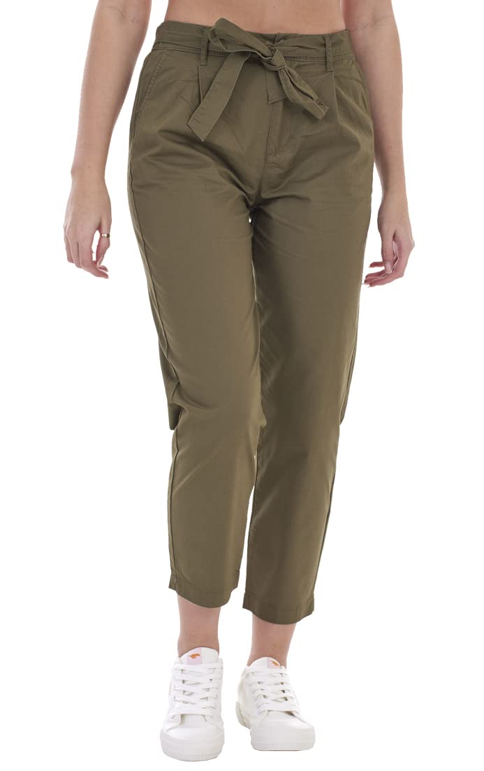 ChicWhisper Ladies Elasticated Tie Belt Cropped Chino Trousers Khaki