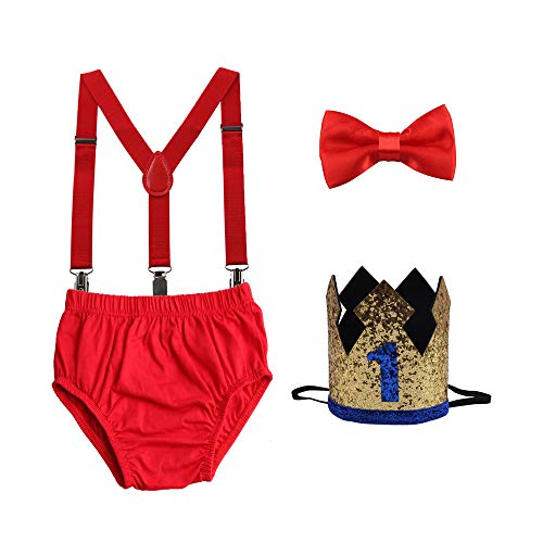 Guchol Baby Boys First Birthday Cake Smash Outfit Suspenders Bow Tie Bloomers Sparkle Crown Hat Balloon Set (Red Set) #TOP20