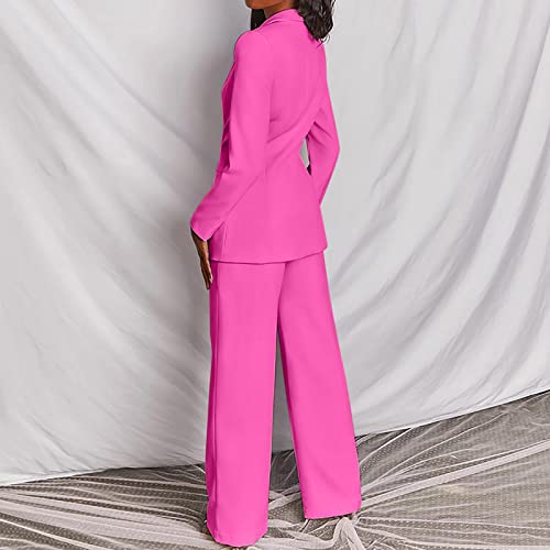 Ababc Women 2 Piece Long Sleeve Solid Suit Double-Breasted Blazer And Floor-Length Flared Pants Casual Business Sets 01 X Hot Pink #TOP3