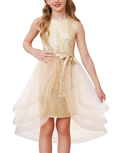 GRACE KARIN Girls Sequin Party Dress Sparkle Formal Birthday Pageant Prom Three-Layer Tulle Midi Dress Size 5-12Y