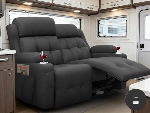 Furgatti Reclining Loveseat with Pebble Texture Fabric Loveseat Recliner with USB/Type C Ports Storage & Cup Holders RV Wall Hugger Recliner Sofa for Living Room & Home Theater & RV