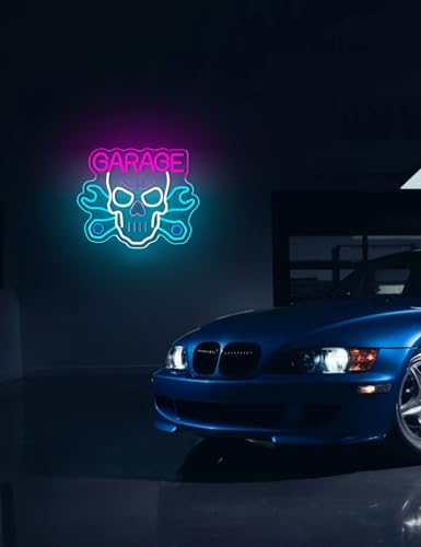 Image of Garage Neon Sign for Wall Decor, Skull Car Service LED Light Neon Signs with USB Dimmable Powered for Auto Repair Shop, Workshop Gift for Father(White Skull)