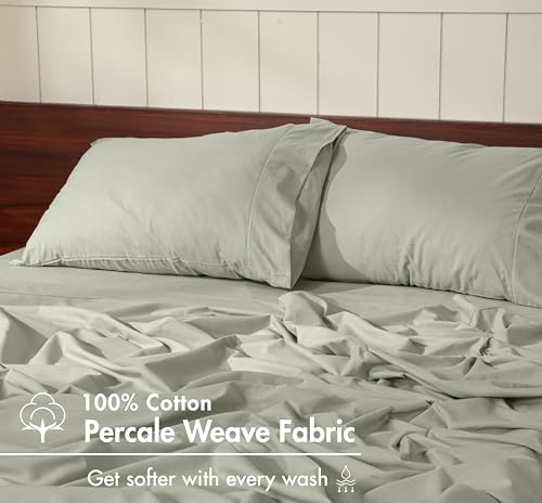 Image of RUVANTI 100% Cotton Percale Sheets King - Crisp Cooling Summer Bed Sheets for Hot Sleepers, Deep Pocket 14 inch, Soft Peach Finish, Breathable & Durable Hotel-Style 4 Piece Set, Sage Green