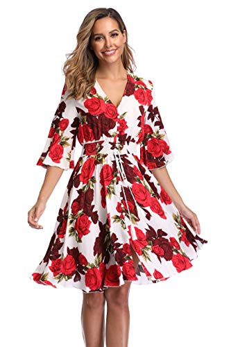 Image of VintageClothing Women's Floral Sundresses Flowy Boho Summer Beach Dress | Lightweight Breathable material,Elegant V Neck and Button Front Design,Flared Bell Sleeve Cut,Mini Casual dress