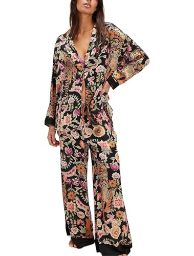 Womens Y2k Silk Pajama Sets Floral Print Long Sleeve Button Down Shirts Wide Leg Pants 2 Piece Lounge Sets