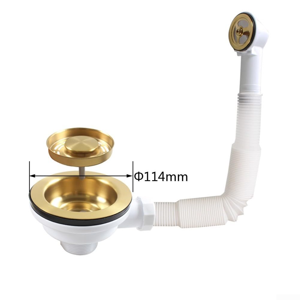 Feegow Colador de desagüe para fregadero de cocina con acabado dorado, 114 mm, chapado en oro, con desbordamiento, antiobstrucción