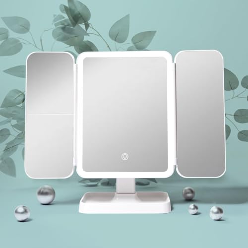 Image of KREZON Portable Folding Makeup Mirror with Storage Compartments and Led Light for Girls Women at Home, Trifold Vanity Mirror with Lights Dressing Table Tabletop