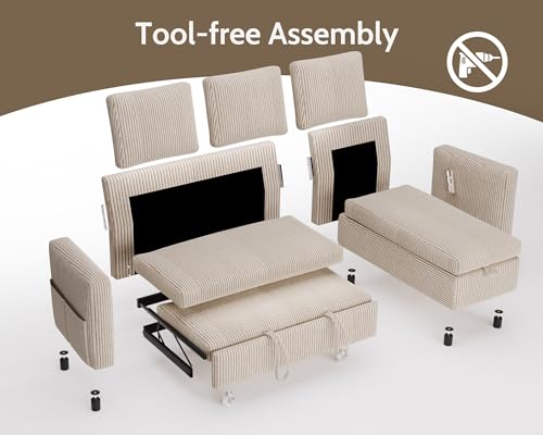 Image of WEUP 82 inch L Shaped Sectional Sleeper Sofa Bed with Pull Out Bed, Sectional Sleeper Couch Pull Out Couch with Reclining Backrest /Reversible Storage Chaise /USB Ports /Tool-Free Assembly, Corduroy Beige