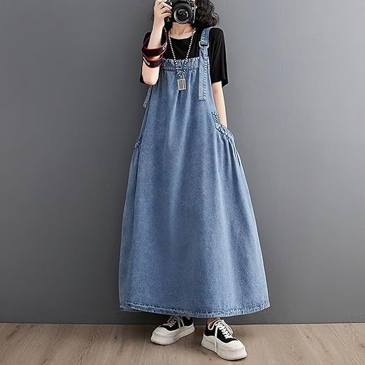 Image of Boho Jumper Dress for Women Loose Version Baggy Style Maxi Length Adjustable Straps Wide Hemline Overall Dresses