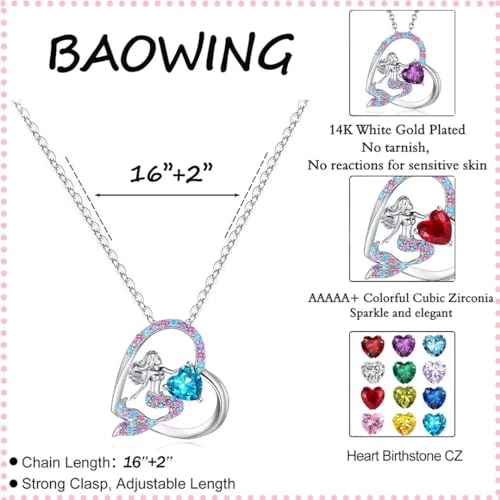 Mermaid Birthstone Necklace for Kids Girls Heart Mermaid Tail Beaded Necklace Gifts Birthday Jewelry for Little Teens Girls Daughter Granddaughter Niece 5