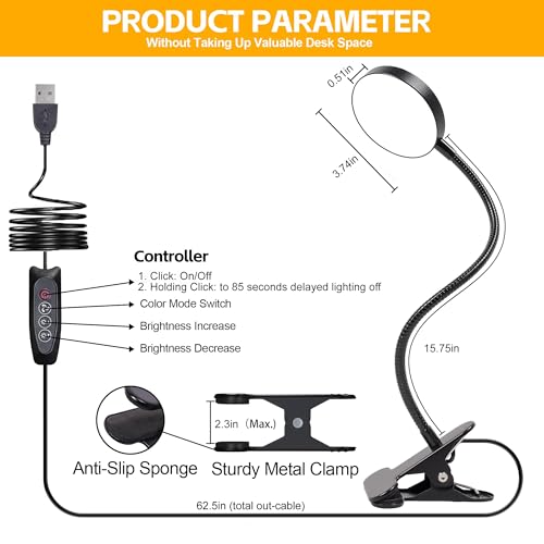 Clip on Desk lamp, Reading Light, Reading lamp, Flexible Gooseneck USB Light, Book Light for Kids Reading Book in Bed at Night Clip on Table, headboard, Dorm (Black, 10W Tact Switch) - Image 4