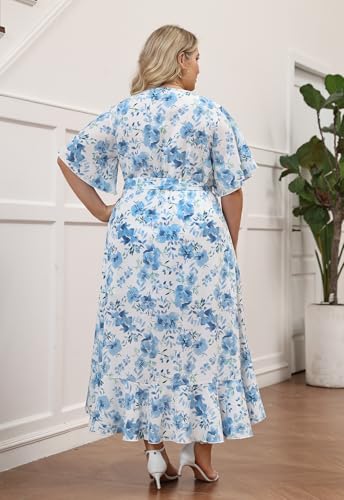 Image of Keluummi Plus Size Maxi Dress for Women V-Neck Floral Empire Waist 3 /4 Sleeve with Pockets