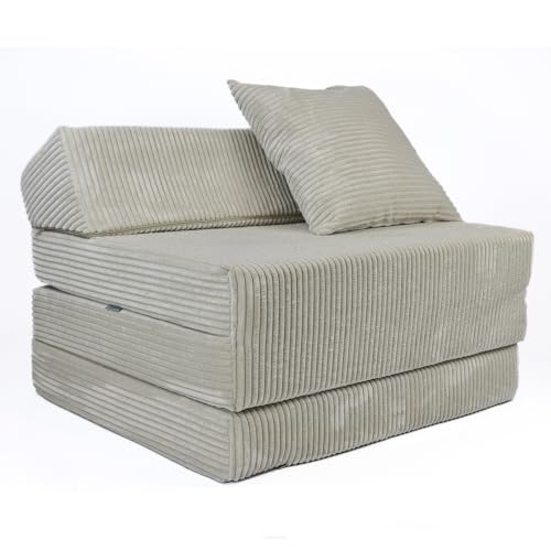 FORTISLINE - Klappmatratze 200x70x10cm mit Kopfteil & Kissen – Gästebett ausklappbar für Kinderzimmer & Camping Matratze Schaumstoff – Faltmatratze tragbar – Faltbare Matratze aus Cord – Beige