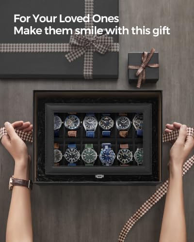 Image of SONGMICS Watch Box, 12-Slot Case With Large Glass Lid, Removable Pillows, Organizer, Gift for Loved Ones, Black Synthetic Leather, Black Lining UJWB012B01