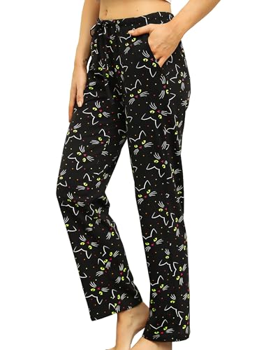 ENJOYNIGHT - Pantalones de pijama para mujer, largos, de algodón, con estampado, pantalones de dormir, pantalones de ocio con bolsillos y cordón, multicolor, diseño de gato, XL