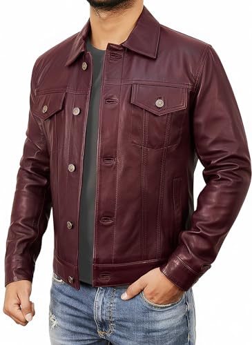 Image of Leather Trucker Jacket Men - Real Lambskin Shirt Style Vintage Fashion Mens Leather Jacket