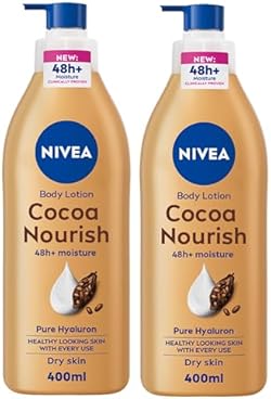 NIVEA Body Lotion for Dry Skin, Cocoa Butter with 100% Pure Hyaluron, 48H Deep Moisture, 2x400ml
