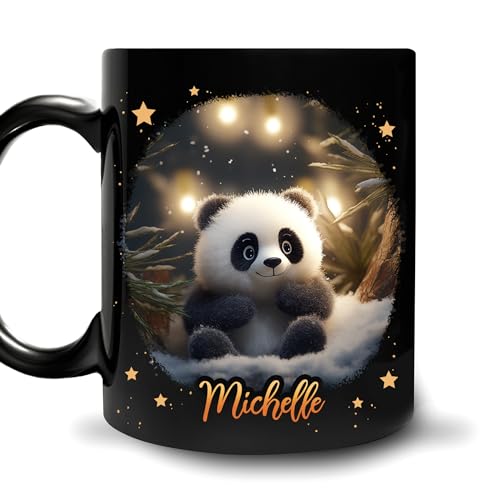 Hyturtle Personalized Panda Coffee Mug - Christmas Birthday Gifts For Panda Lovers - Cute Animal in Winter Decor Gifts For Kids Men Women Animal Lovers - Custom Name 11oz Black Ceramic Coffee Tea Mug