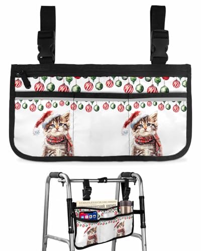 Christmas Wheelchair Side Storage Bag Watercolor Cute Cat Red Green Balls Armrest Pouch with Cup Holder and Reflective Strip Wheelchair Accessories Organizer Bags for Walkers Rollator