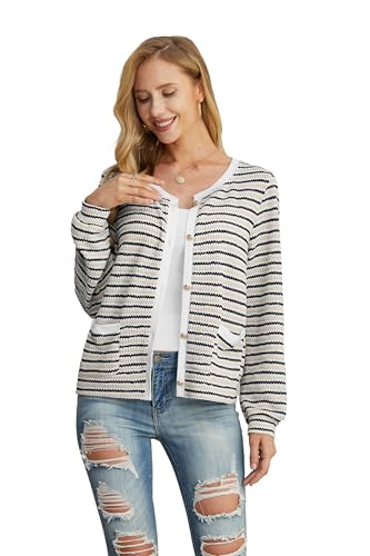 Image of Women's White Apricot Choco Casual Dressy Stirped Cardigan with Patch Pocket Sweaters Crew Neck Lady Lightweight Jacket 2024 Fall Winter Size M
