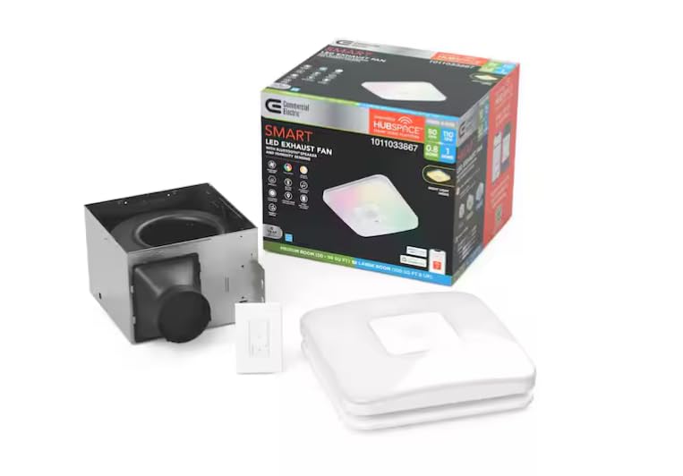 Commercial Electric 80/110 CFM Ceiling Mount Room Side Installation Smart Bathroom Exhaust Fan and Bluetooth Speaker Powered by Hubspace BF1112
