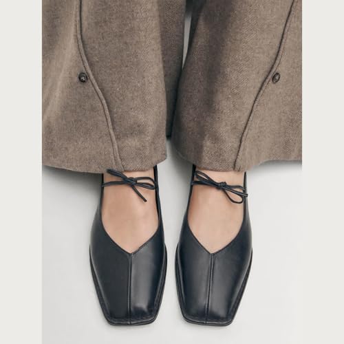 Image of VBDB Black Ballet Flats for Women Square Toe Lace up Wide Width Mary Jane Flats Casual Slip on Ballerina Shoes