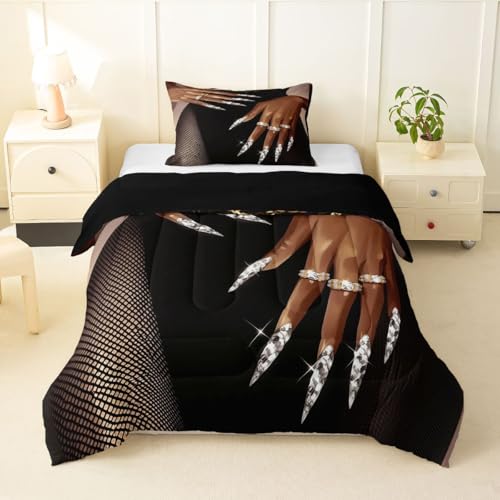 Image of Erosebridal African American Comforter Set Twin Size Black Woman Bedding Set for Women Girls Afro Magical Comforter Black Female Quilt Duvet for Teens Adult Melanin Bedroom Decor, 2 Piece