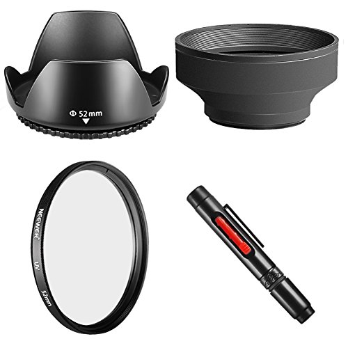Neewer® 52 mm accesorio Kit para Nikon D7100 D7000 D5300 D5200 D5100 D5000 D3300 D3200 D3100 D3000 D90 D80 Cámaras réflex digitales – incluye: tulipán parasol + plegable Parasol de goma + UV lentes de...