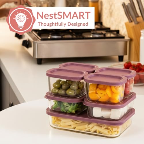 Image of Nestasia Groovo Glass Containers with Lid Set of 7 (310ml x 4, 520ml x 2, 1200ml x 1) - Transparent Stackable Fridge Storage Box, Microwave & Dishwasher Safe (Purple)