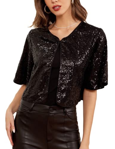 Kate Kasin Women’s Sequin Jacket Open Front 1/2 Flared Sleeve Cropped Cardigan Bolero Shrug Tops Black XXL