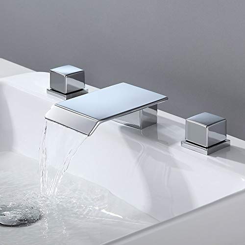 BULUXE Waterfall Bathroom Sink Faucet in Polished Chrome, 3 Hole Double Square Handles Widespread Bathroom Faucet Solid Brass