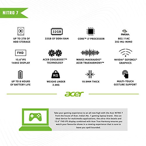 Image of acer Nitro 7 Intel Core i7-9750H Processor 15.6 - inch Thin & Light Gaming 1920 X 1080 Laptop (8GB RAM / 1TB HDD + 256GB SSD /Win 10 / 6GB NVIDIA GeForce GTX 1660Ti /Obsidian Black / 2.5 kgs), AN715-51