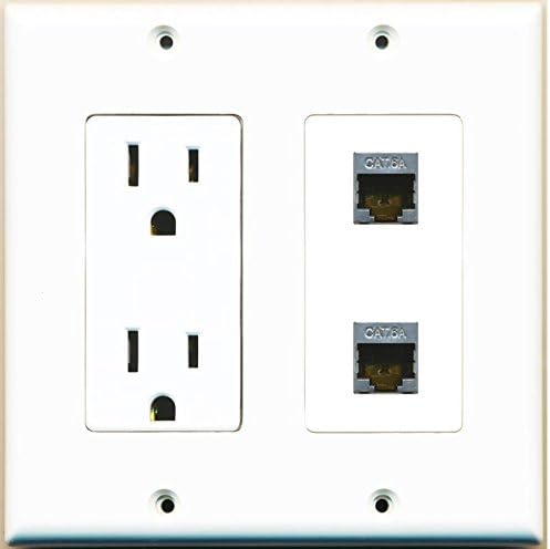 RiteAV - (2 Gang Decorative 15 Amp 125 Volt Power Outlet and 2 Cat6a Wall Plate White