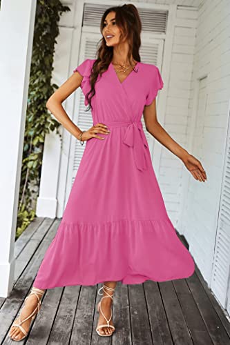 PRETTYGARDEN Women's Summer Floral Boho Maxi Dress Wrap Short Sleeve V Neck Ruffle A-Line Flowy Wedding Guest Long Dresses
