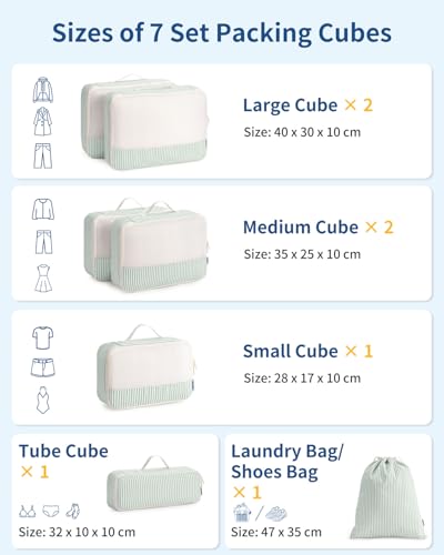 Narwey 7 Set Packing Cubes for Suitcases and Backpack, Stripe Suitcase Organiser Bags Travel Packing Cubes Shoes Bag for Carry on Hand Luggage Travel Essentials Accessories (Mint Green Stripe) - Image 3