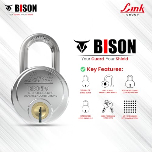 Image of Link Bison 68mm Heavy Duty Padlock | Lock for Home Door, Office, Shop, Travel | Hardened Steel Shackle, | Double Locking System | High Precision 4 Keys | 2 Lakh Key Combinations | 10 Years Warranty