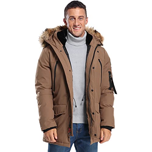 Mens Parka, Molemsx Men's Down Coat Warm Puffer Jacket for Cold Weather Down Winter Jackets For Men with Hood Faux-Fur Trim Outdoor Sports Camping Expedition Insulated Mountain Ski Jacket Camel XL