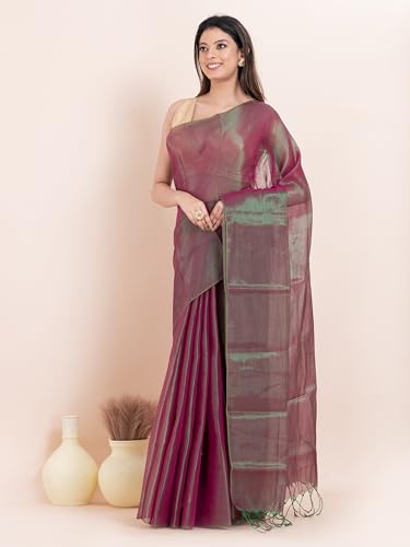 Image of Women's Tissue Cotton Saree | Plain Lightweight Tassel Pallu Saree with Blouse