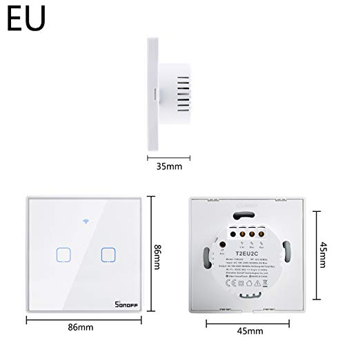 T2 Smart Switch WiFi Interruptor de Luz de Pared 2 Gang Wifi Interruptor Inteligente Soporte 433 RF y Control Remote de APP y Voz para Amazon Echo, Echo Dot, Amazon Tap, Google Nest y IFTTT