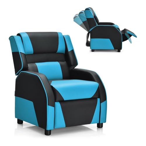 Pemberly Row Kids PU Leather Gaming Recliner Sofa Chair, Adjustable Headrest & Footrest, Ergonomic Design, Blue Finish, Durable Construction, 24x27.5x32 in, Comfortable Seat for Reading or Gaming