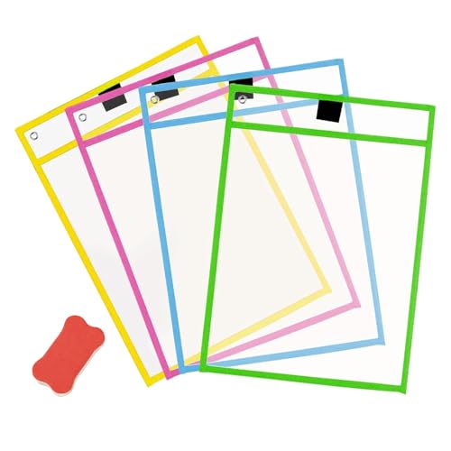 MUNSKT 4 bolsillos reutilizables de borrado en seco, bolsa transparente para tablero de escritura, soportes de papel de plástico, fundas de fácil carga para aula, trabajo en casa, se adapta a archivo