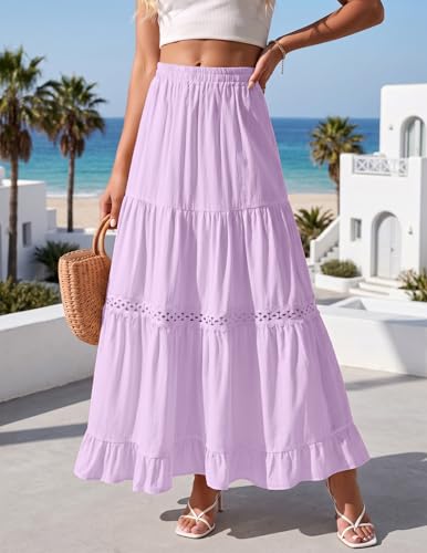 Zelroxa Long Cotton Skirts for Women Summer Boho Maxi Flowy Lace Crochet A Line Tiered Pleated High Waisted Beach Vacation Midi Linen Skirts 2026 Trendy Clothes Outfits Purple — view 3