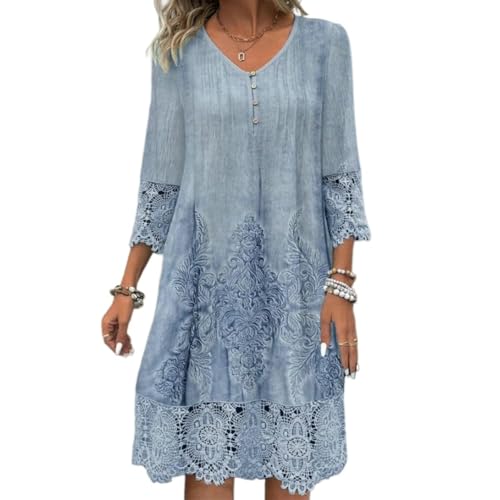 YMXLWHBD Vestido De Encaje Primavera Verano para Mujer Holgado, Informal, con Cuello En V Y Manga Media-azul-3xl