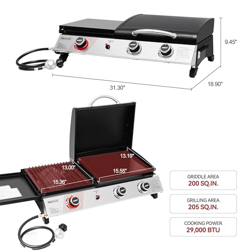 Royal Gourmet PD1305H 3 Burner Propane Gas Grill and Griddle Combo with Lid, 3-in-1 Grill Griddle Combo with 29,000 BTUs Output for Outdoor Cooking, 364 Sq. In. Cooking Area, Silver & Black