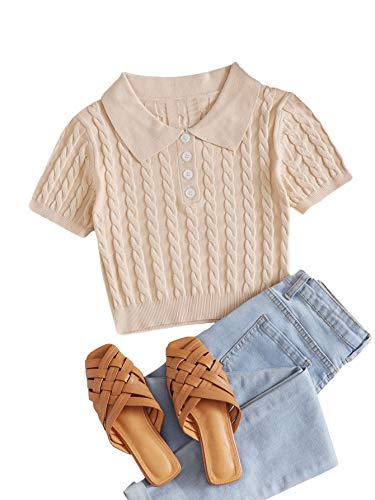 Verdusa Women's Button Front Short Sleeve Cable Knit Crop Top Pullover Sweater Apricot M #TOP4