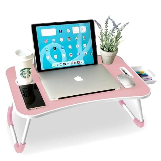 unycos - Bandeja para Cama, Mesa Plegable de Desayuno, Ideal para Portátil, Ordenador y Libros, Ergonómica, Mesa Auxiliar con Atril para Leer en la Cama 60x40x26 cm (Rosa con Cajón)