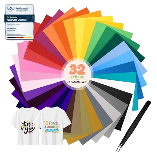 moinkerin 32 Farben Plotterfolie Textil mit Pinzette 30.5X20.5cm Bügelfolie für Textilien Flexfolie Plotter Textil für T-Shirt, Kleidung, Hüte oder Andere Stoffe (32 Stücke)