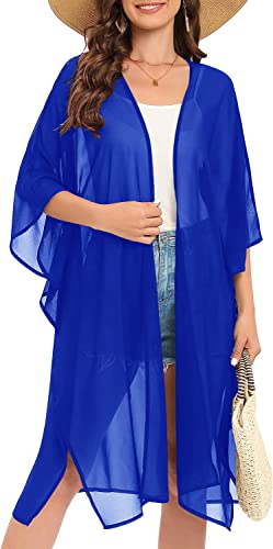 Image of Indian Trendy Women's Solid Puff Sleeve Kimono Long Cardigan Loose Cover Up Casual Blouse Top Chiffon